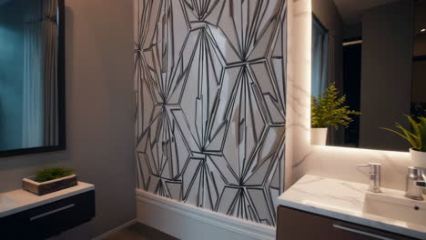 modern luxury bathroom with geometric wall design