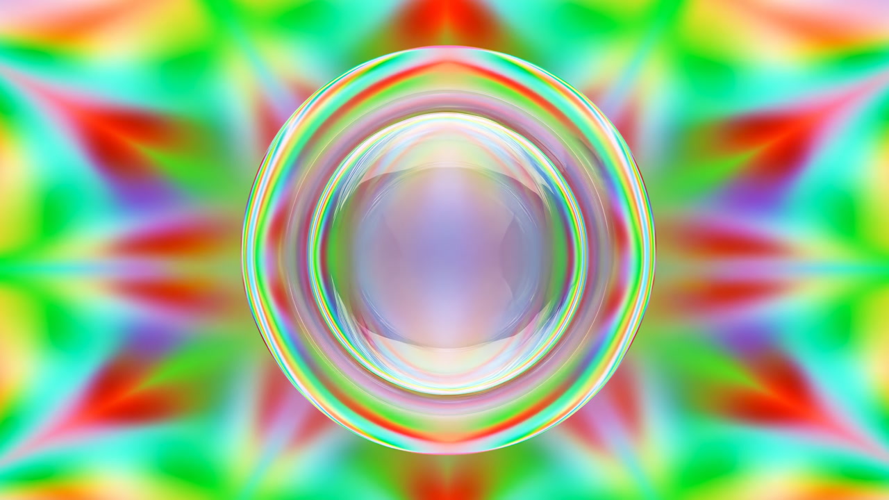 Kaleidoscopic Orb Center On Vivid Starburst Background, Concentric Prism Rings Pulse With Neon Color,
