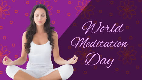 animación del texto del día mundial de la meditación con una mujer caucásica meditando sobre un fondo púrpura