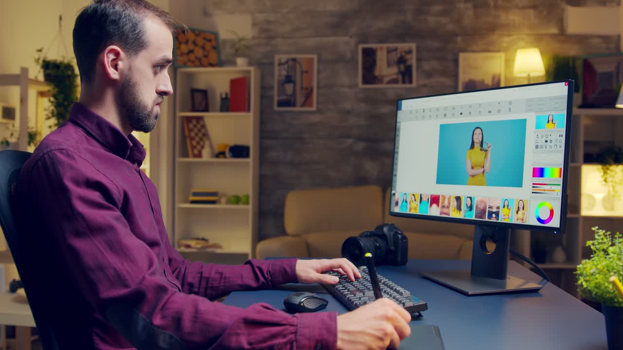 fotógrafo masculino usando una tableta para retocar fotos