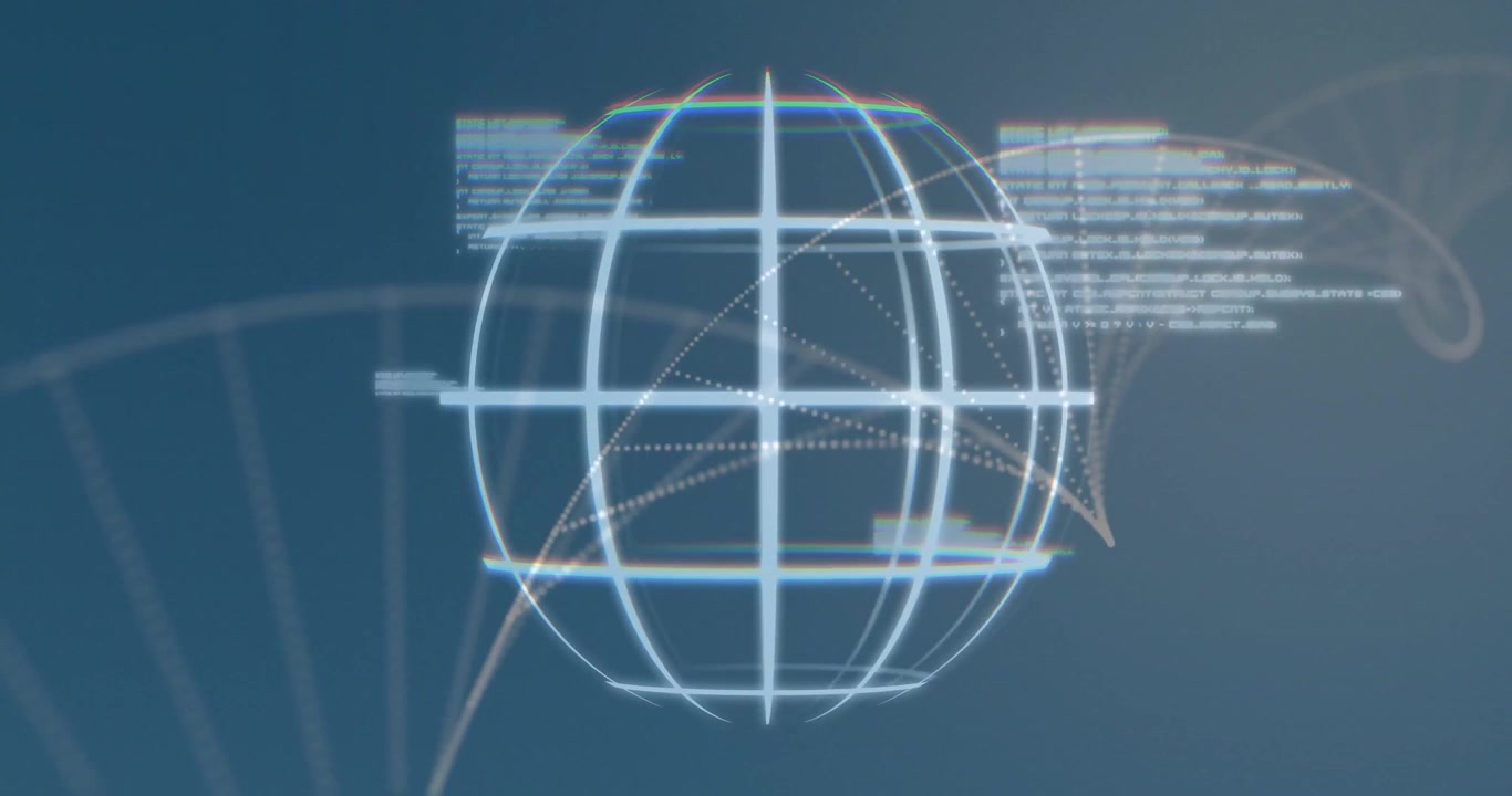 Starting globe fading into view, code sliding, arcs tracing double helix, visualizing data flow