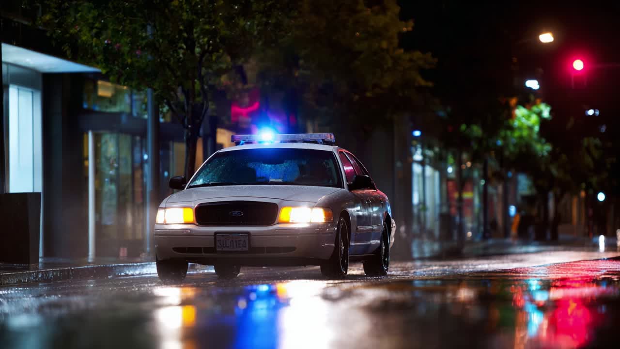 A police car illuminates a rainy city street at night, showcasing flashing lights within a reflective urban environment, highlighting the mood and atmosphere of law enforcement on patrol during inclement weather