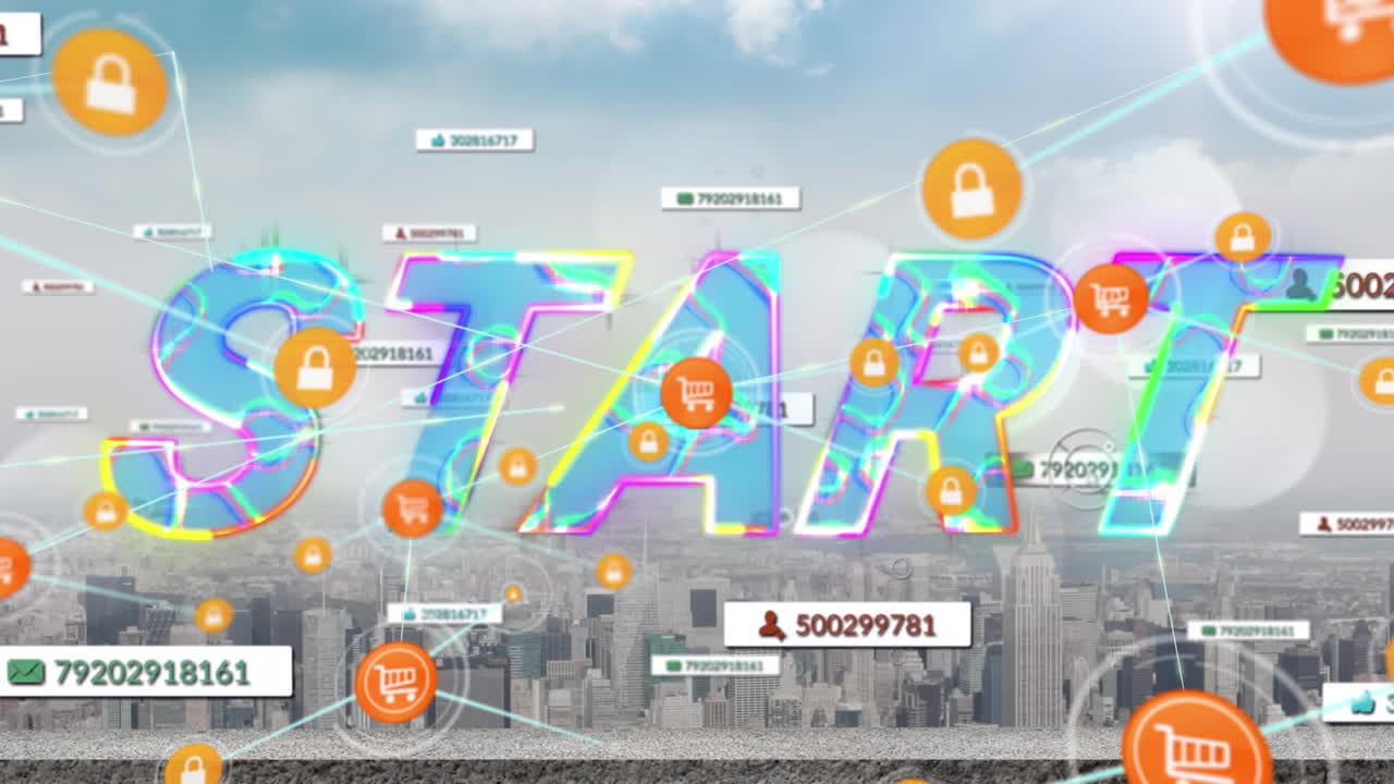 시작 텍스트, 연결 네트워크 및 도시 풍경에 대한 소셜 미디어 아이콘의 애니메이션