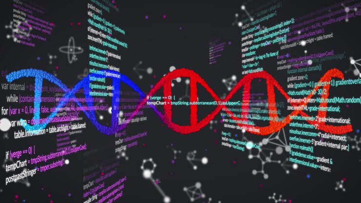 Animation of dna and molecular structures over data processing against black background