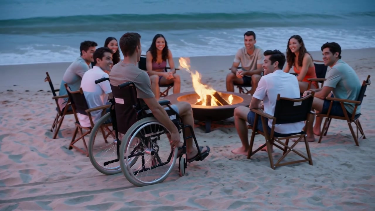 Rolling manual wheelchair man spotting friends, propelling toward beach fire bowl, wearing grey tee
