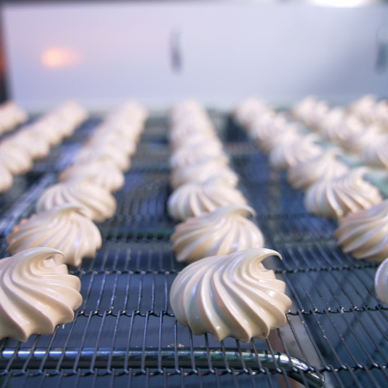 Tasty zephyr candies moving on the conveyor grid. Close up. Automated production of sweets at factory. Blurred background