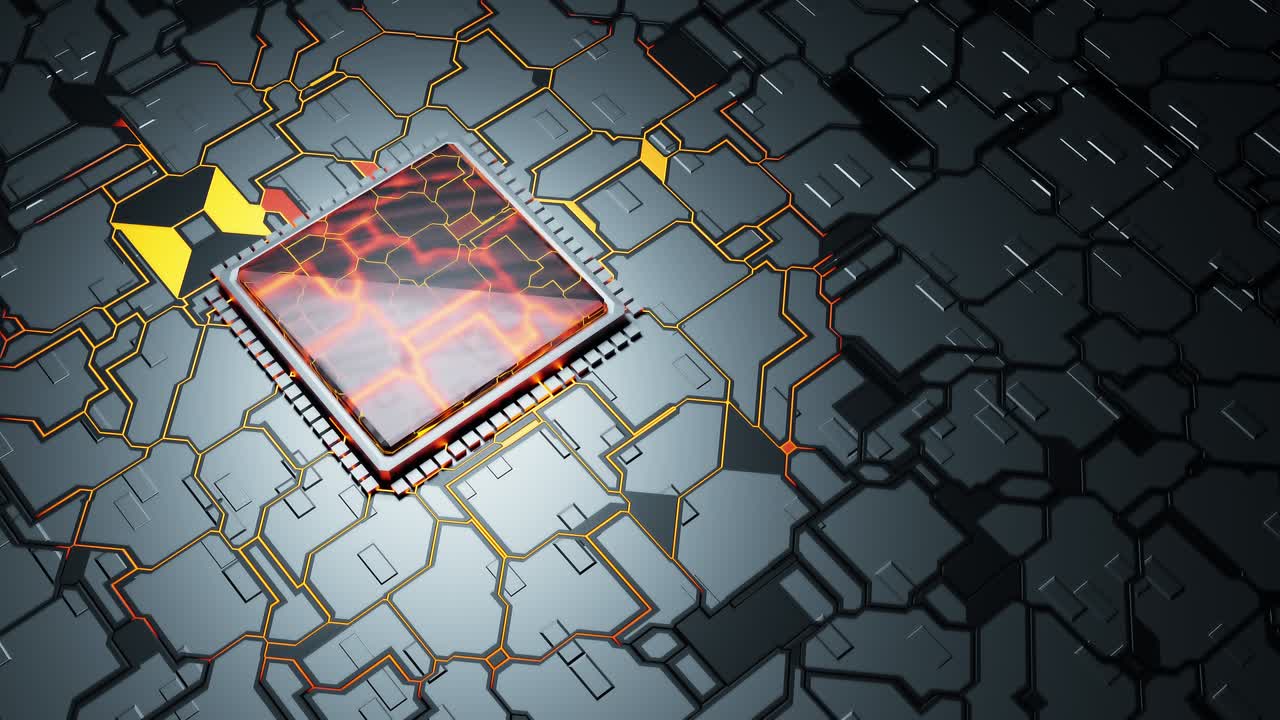 cpu de inteligencia artificial de bucle abstracto o procesador neural con luz eléctrica parpadeante brillante alrededor de la placa de circuitos o la placa base. animación 4k 3d de fondo de bucle sin costuras. computadora cuántica.