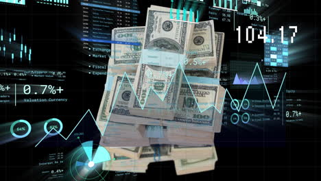 animación del procesamiento de datos financieros sobre billetes de dólares estadounidenses