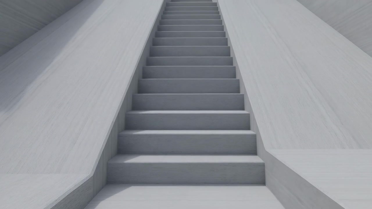 Eine zentrale Treppe steigt zwischen glatten, hellen Wänden in einem sauberen, minimalistischen Interieur auf, mit weicher, gleichmäßiger Beleuchtung und starken Linien, die eine ruhige architektonische Atmosphäre schaffen.