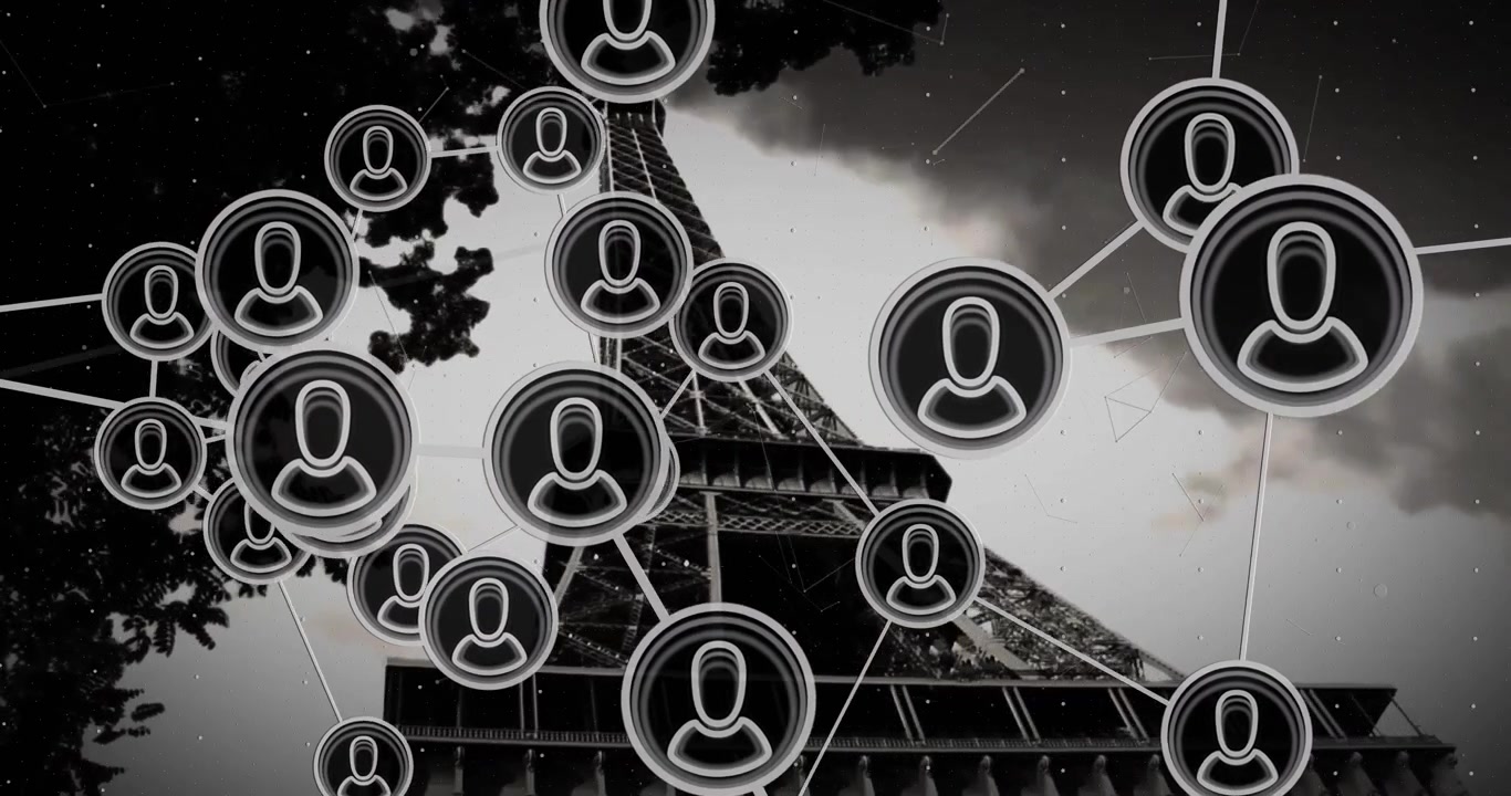 Over Eiffel Tower, animation of user icons connecting in monochrome background