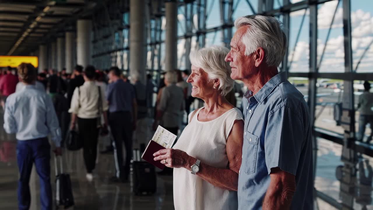 A candid video captures an elderly couple at an airport, smiling and holding passports