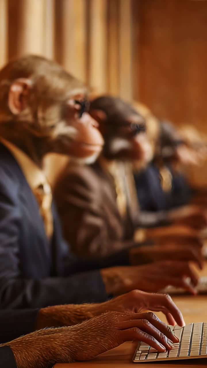 A group of anthropomorphic monkeys dressed in suits and sunglasses, intently typing on keyboards, conveys a humorous take on teamwork and modern communication