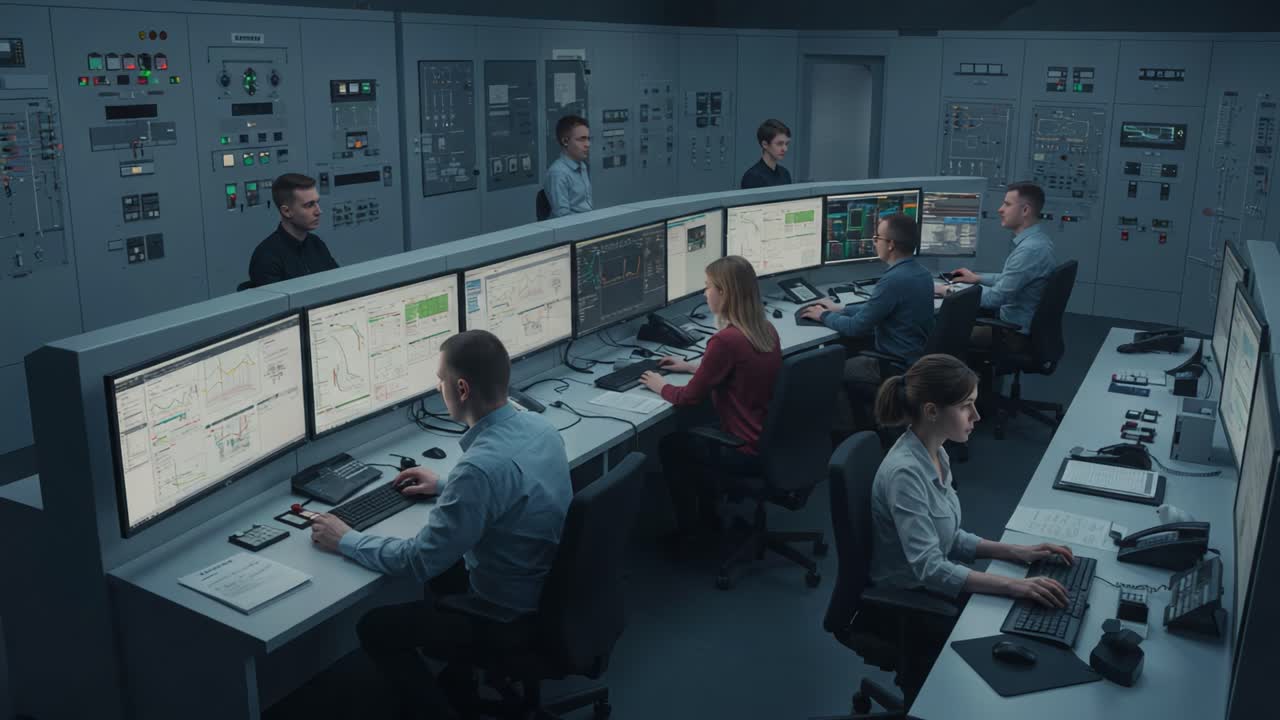 A Dynamic Control Room Scene Featuring Operators Engaged in Monitoring and Managing Complex Systems with Advanced Technology and Detailed Interfaces Across Multiple Screens