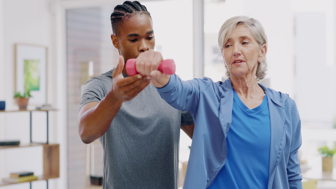 Senior woman, nurse and rehabilitation