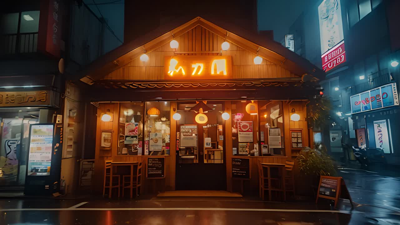 Night view of a traditional Japanese restaurant with glowing neon signs