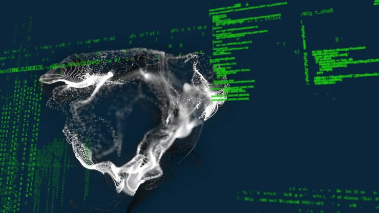 Animation of shapes with light spots over data processing on black background