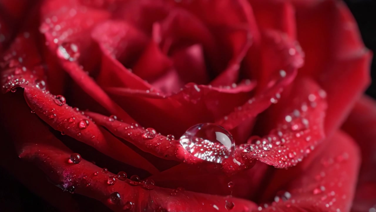 Un gros plan saisissant d'une rose rouge couverte de rosée, capturant la beauté de la nature à travers des gouttelettes d'eau scintillantes et des pétales vifs sur un fond sombre.