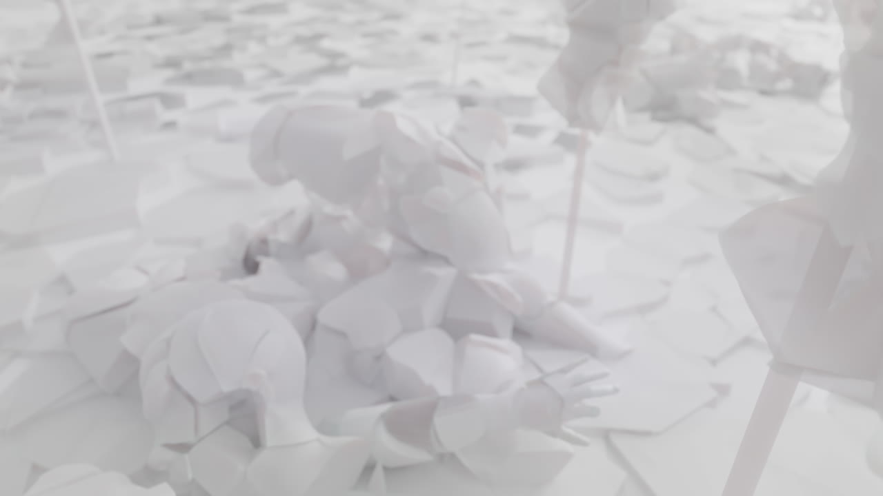 White, crushed android body parts on a foggy junkyard