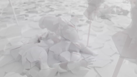 white, crushed android body parts on a foggy junkyard