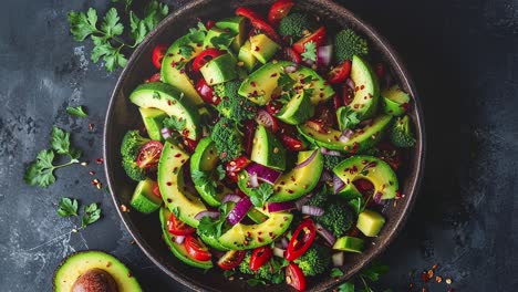 fresh avocado salad with vibrant vegetables on a dark background