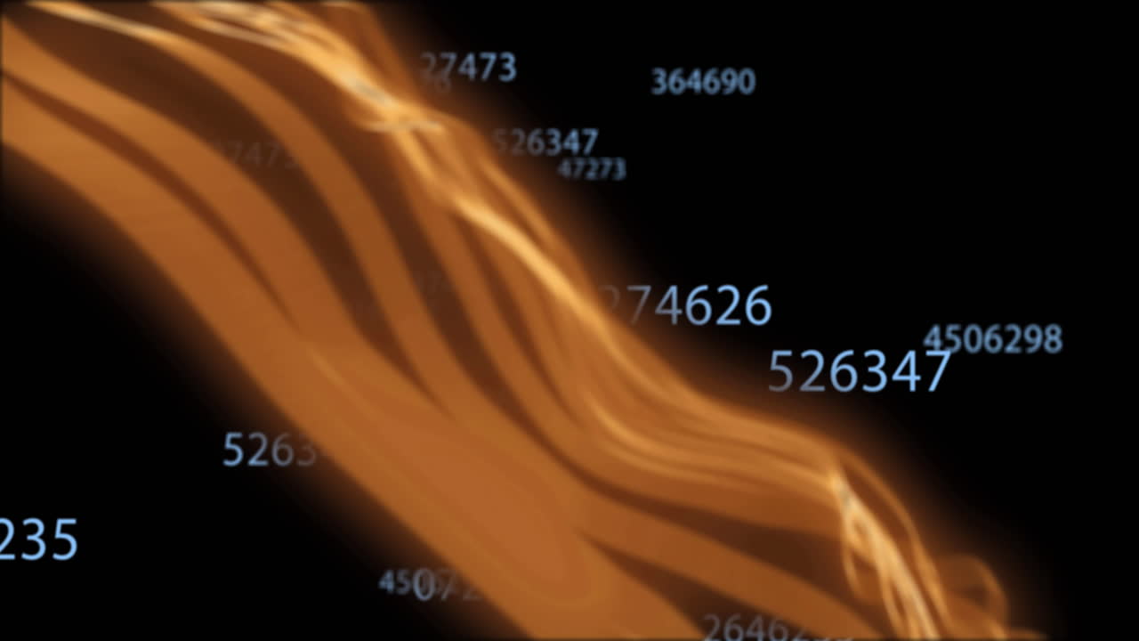 Animation of glowing orange light trails and numbers moving on black background