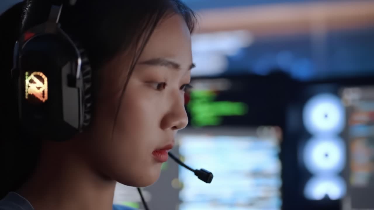 Focused Gamer Engaged in Competitive Action: A Close-up Perspective on the Intense Concentration and Skill Required in Gaming with Headset On