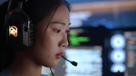 focused gamer engaged in competitive action: a close-up perspective on the intense concentration and skill required in gaming with headset on