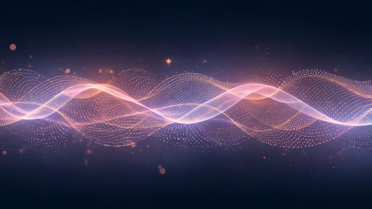 Playback starting causing interlaced luminous ribbons pulsing across navy backdrop with mesh glints