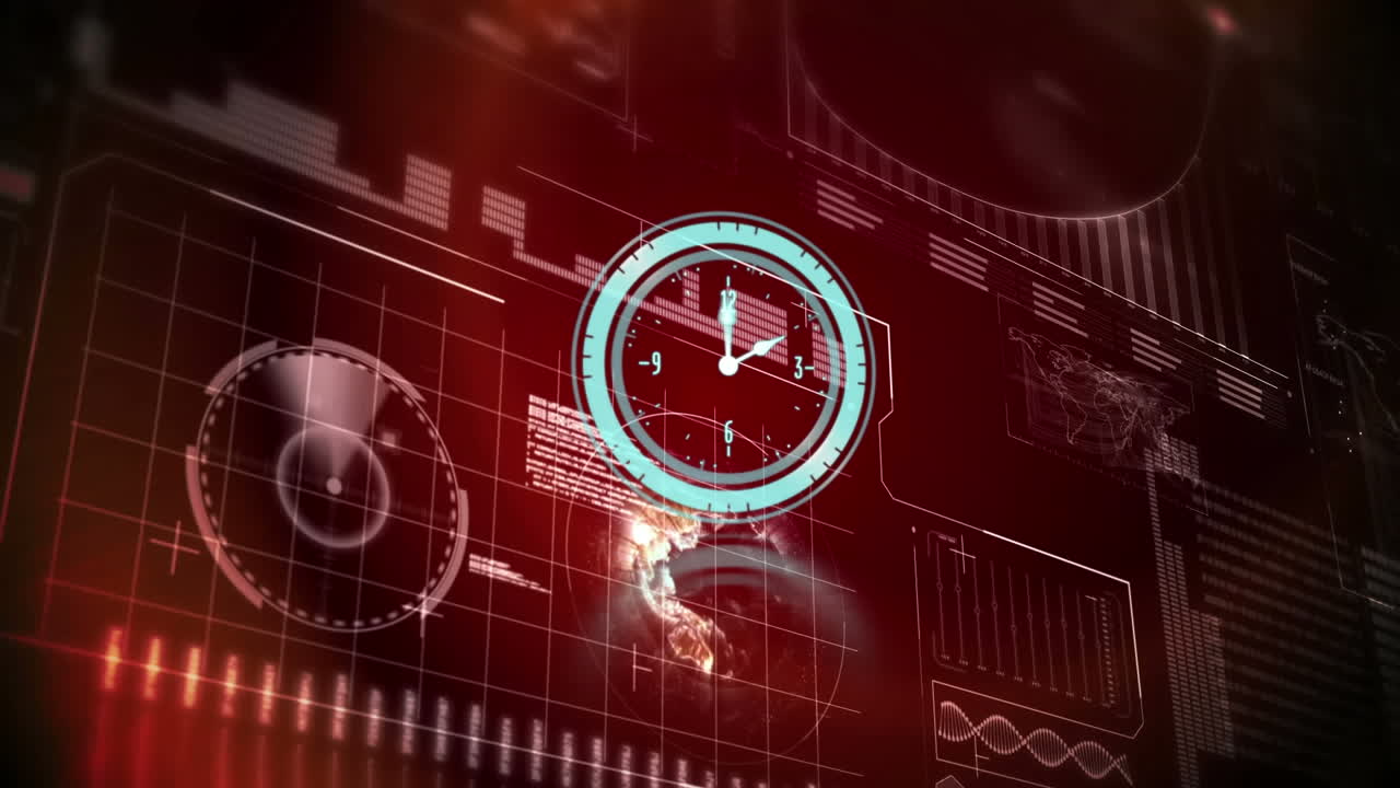 Animazione di lancette che girano su orologio blu, su interfaccia con elaborazione dati.