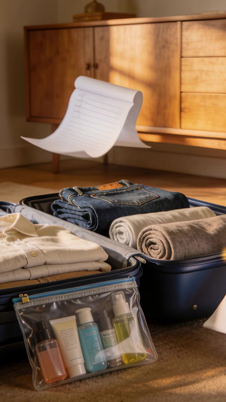 Vertical video: Entering paper curling over navy case in bedroom showing packed shirt jeans bottles