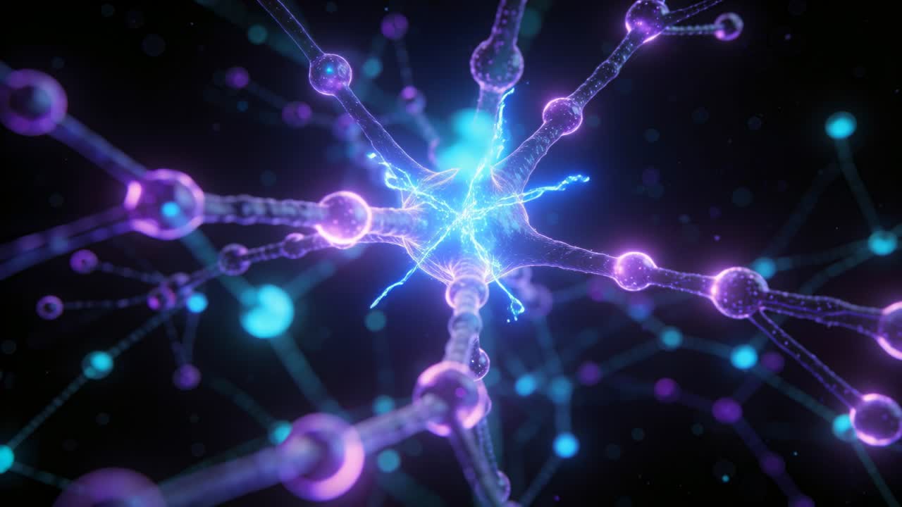 Glowing central neuron soma sending pulsing spark along dendrites in void, signaling activation