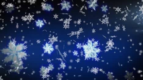 Digital-animation-of-snowflakes-and-white-spots-falling-against-blue-background