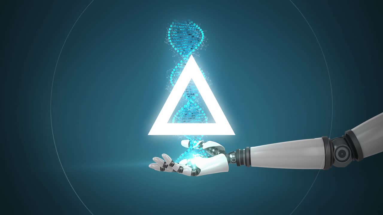 Animation of triangle and dna strand spinning over robot's arm