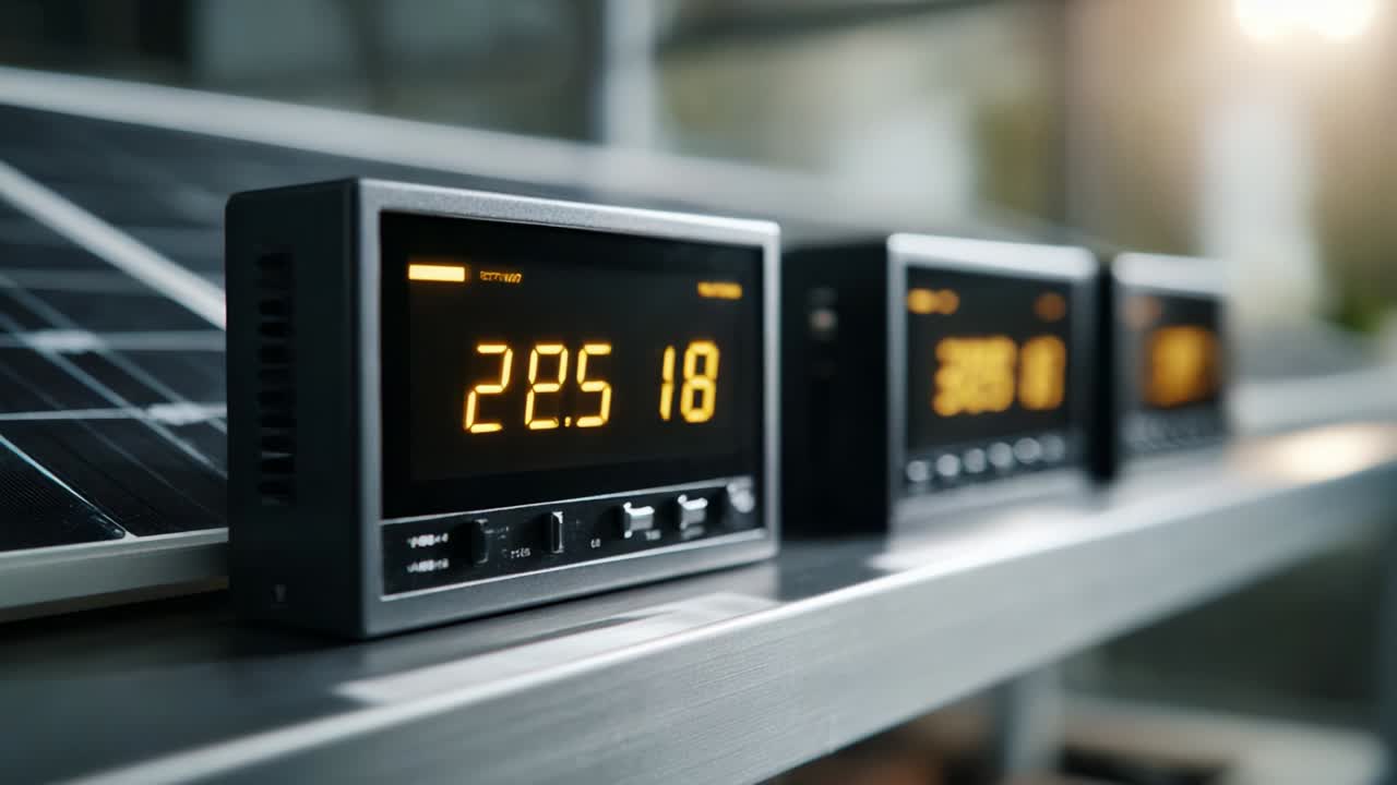 A Close-Up Look at Digital Displays of Measurement Instruments on a Solar Panel Setup, Highlighting Variations in Readings Over Time with Focus on Precision and Accuracy of Environmental Data