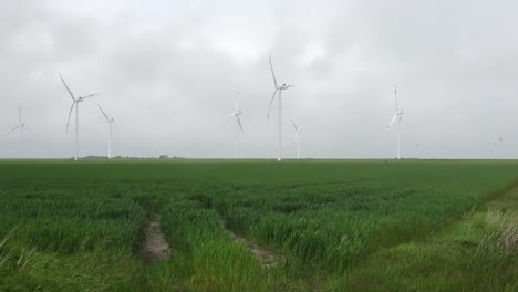 panoramic view on alternative energy wind mills in a windpark with a cloudy sky.