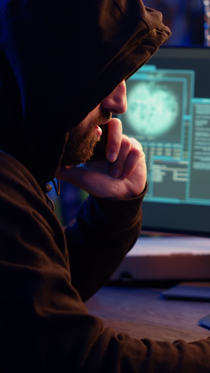 Video verticale. Hacker nascosto in un bunker sotterraneo, che chatta con un amico durante una telefonata