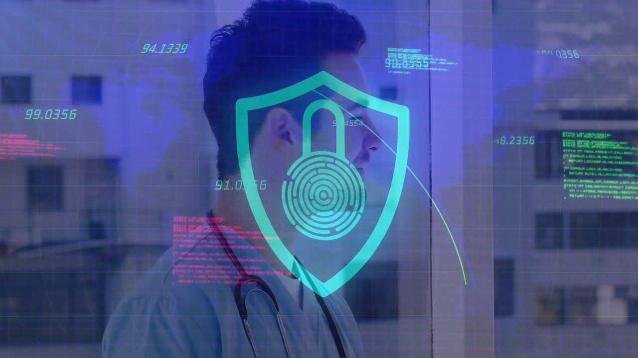 Doctor with stethoscope using animation of digital security lock and data graphics
