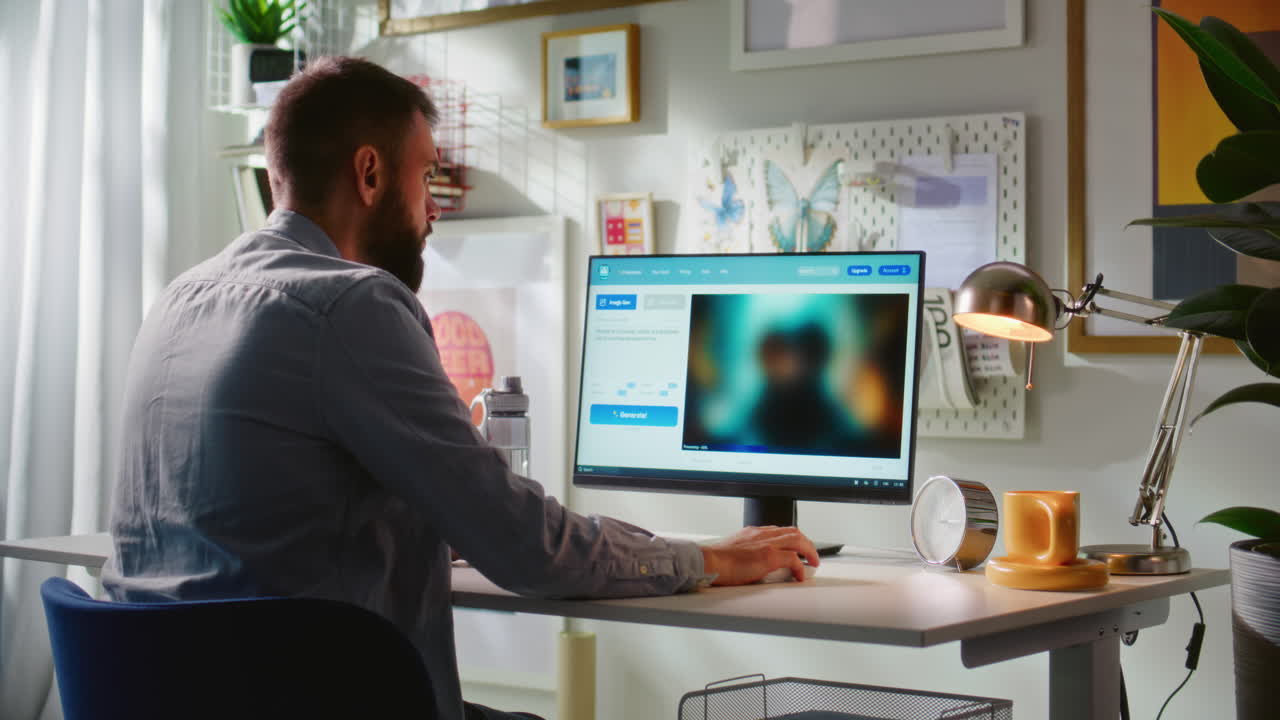 Man Working on a Computer in a Home Office