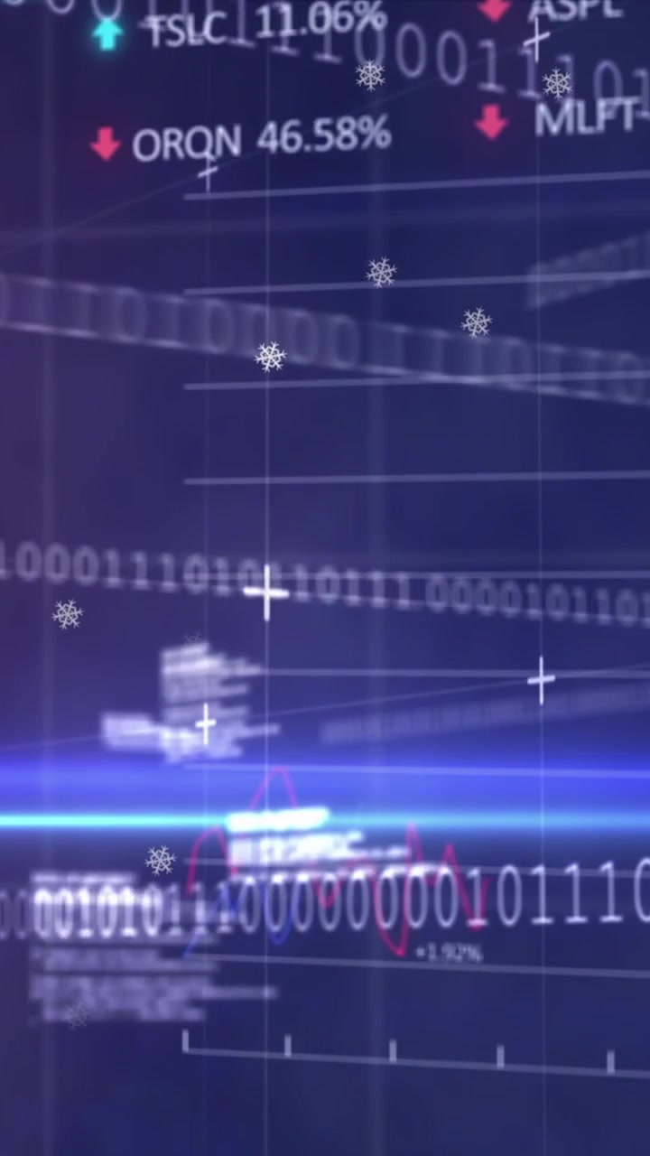 Animation of white particles over stock market data processing and binary coding on blue background