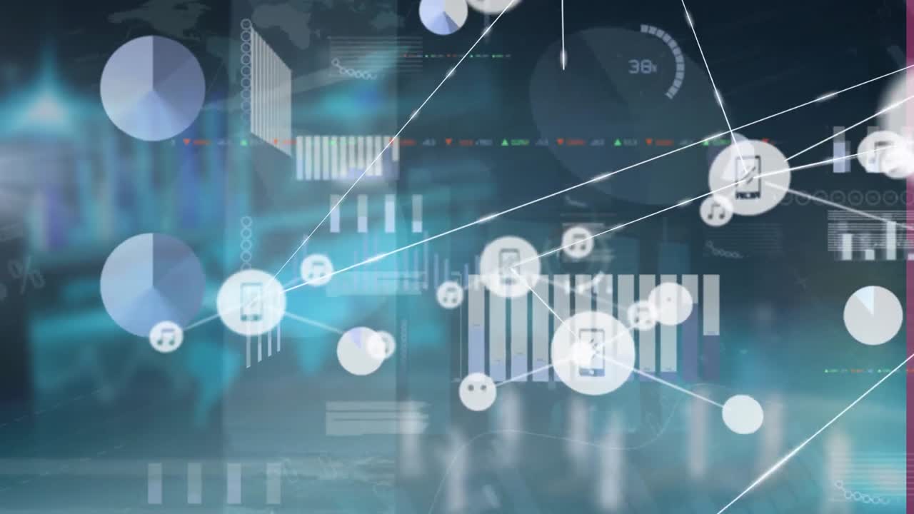 Animation of network of digital icons over statistical data processing against blue background