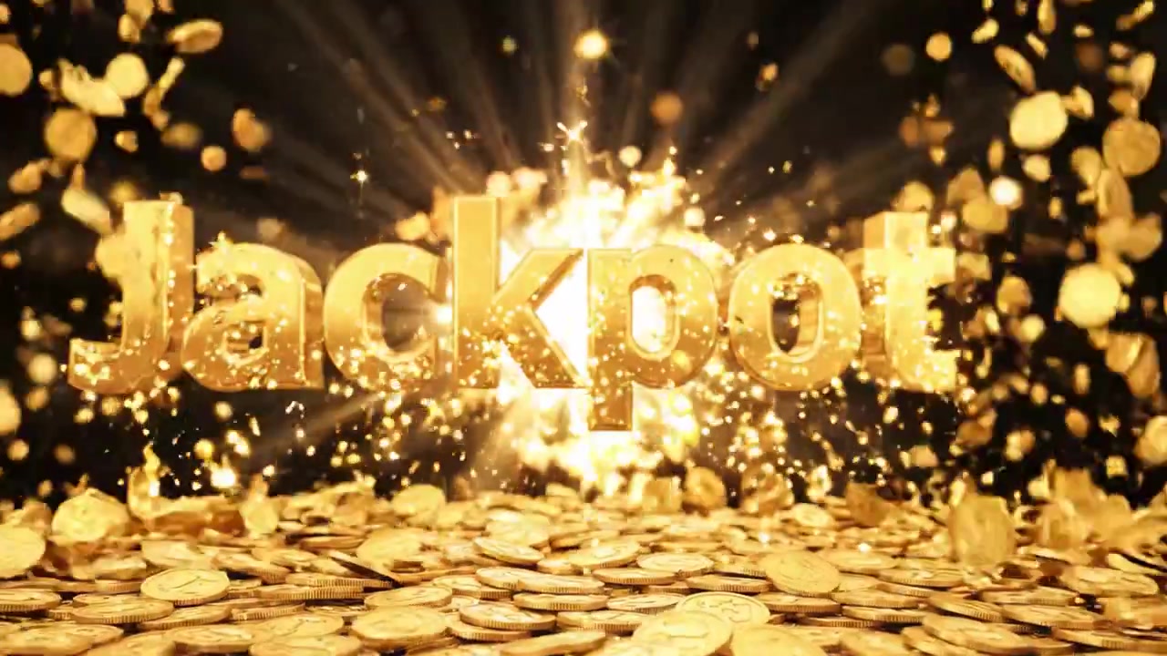 輝く光の爆発の中で、きらめくコインと躍動的な「ジャックポット」の文字が目を引く、魅惑的な豊かさの表現。