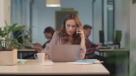 Glückliche-Frau,-Die-Am-Laptop-Arbeitet.-Porträt-Einer-Lächelnden-Dame,-Die-Mit-Dem-Handy-Chattet