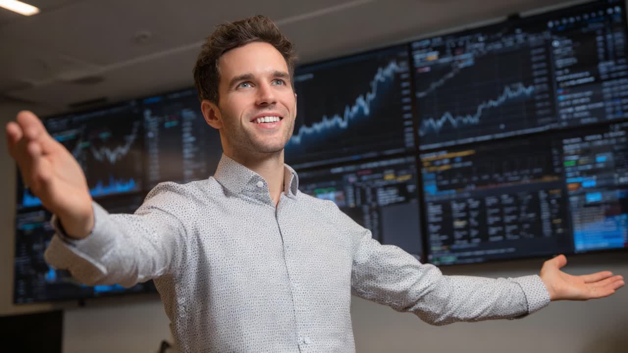 A Confident Trader Celebrates Market Success Amid Dynamic Financial Charts, Showcasing an Enthusiastic Approach to Trading and Investment Strategies