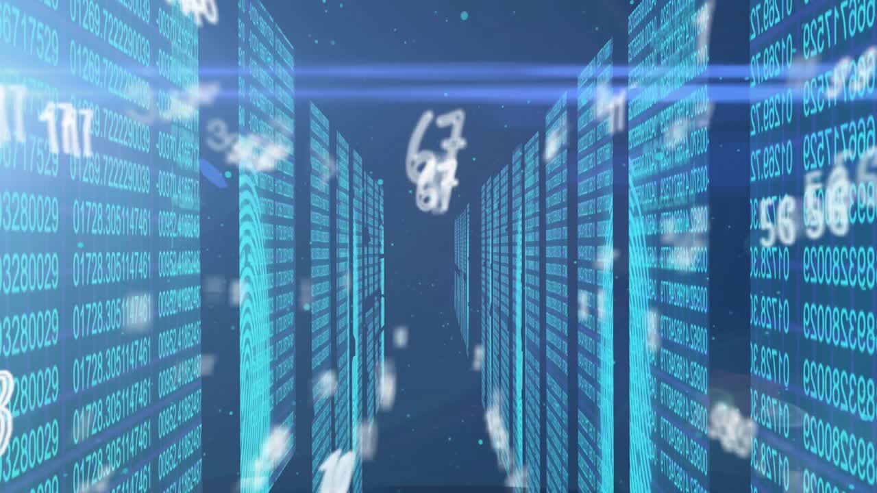 Animation of numbers changing over tech room with computer servers