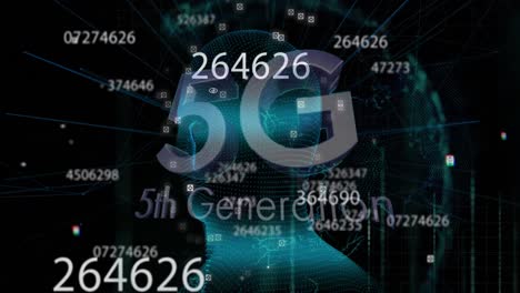 5g-Text-Und-Mehrere-Wechselnde-Zahlen-über-Einem-Menschlichen-Kopfmodell,-Das-Sich-Vor-Schwarzem-Hintergrund-Dreht