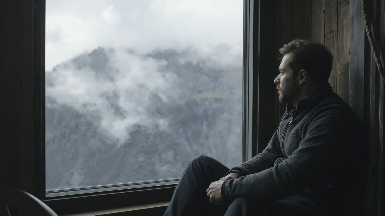 Uomo barbuto seduto che osserva le cime nebbiose dal finestrino di una cabina, indossa un maglione scuro, spazio per il testo
