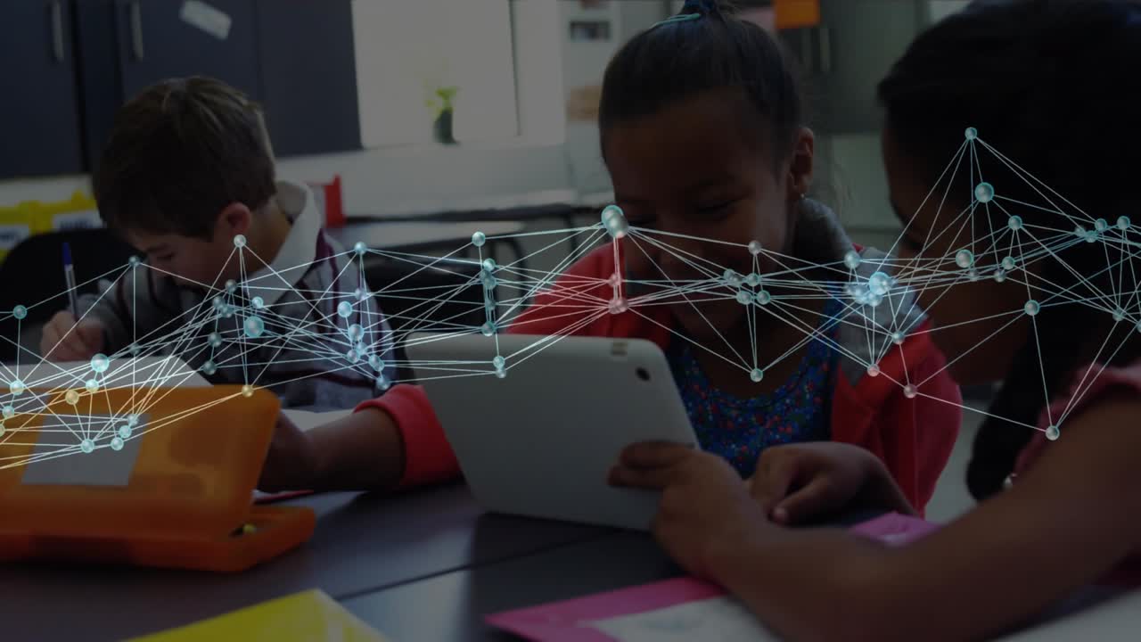 Third student arriving, pointing at tablet, classmates writing under pulsing network in education