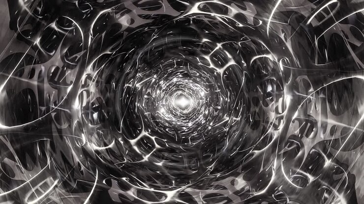 Portal Abstrato Preto e Branco de Ficção Científica, Túnel de Caverna Alienígena Infinito Futurista com efeito de onda de luz de energia cintilante. Animação de Fundo de Movimento em Loop Contínuo 4K 3D voando para um Buraco de Minhoca