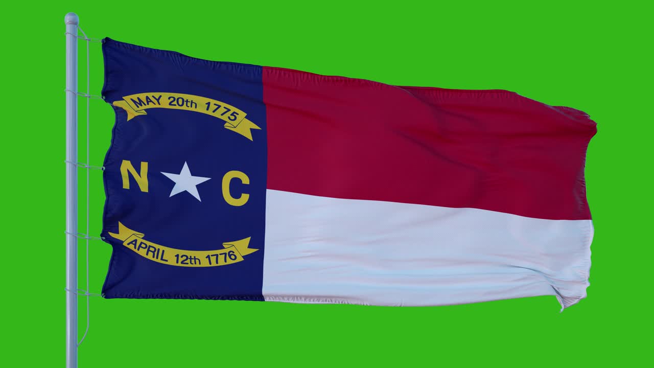 State flag of North Carolina waving in the wind against green screen background