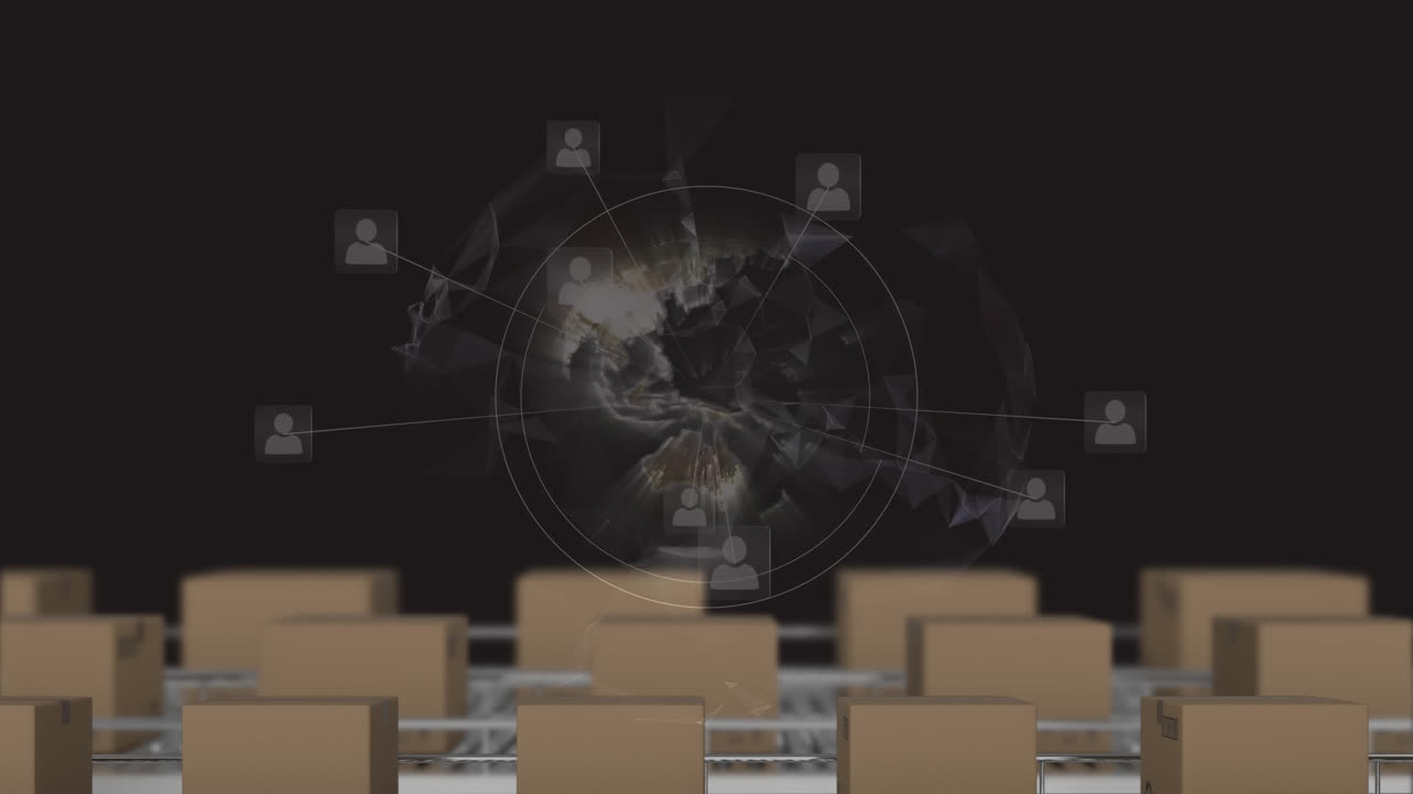 창고의 컨베이어 벨트에 있는 상자 위의 연결 네트워크의 애니메이션